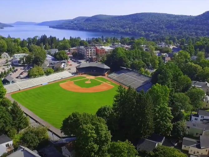 Aerial view of Cooperstown and Otsego Lake
